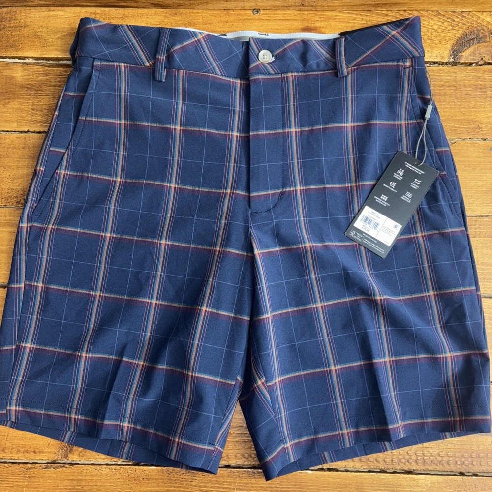 Walter Hagen P11 Plaid Shorts Mens 30 Navy Blue Performance Golf Flat Front NEW‎